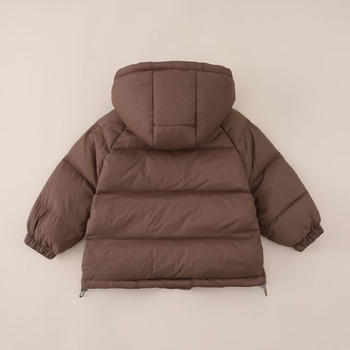 Bērnu kapucēta jaka korejiskā stilā, pildīta ar baltiem pīļu down 95%+, oderē no kokvilnas