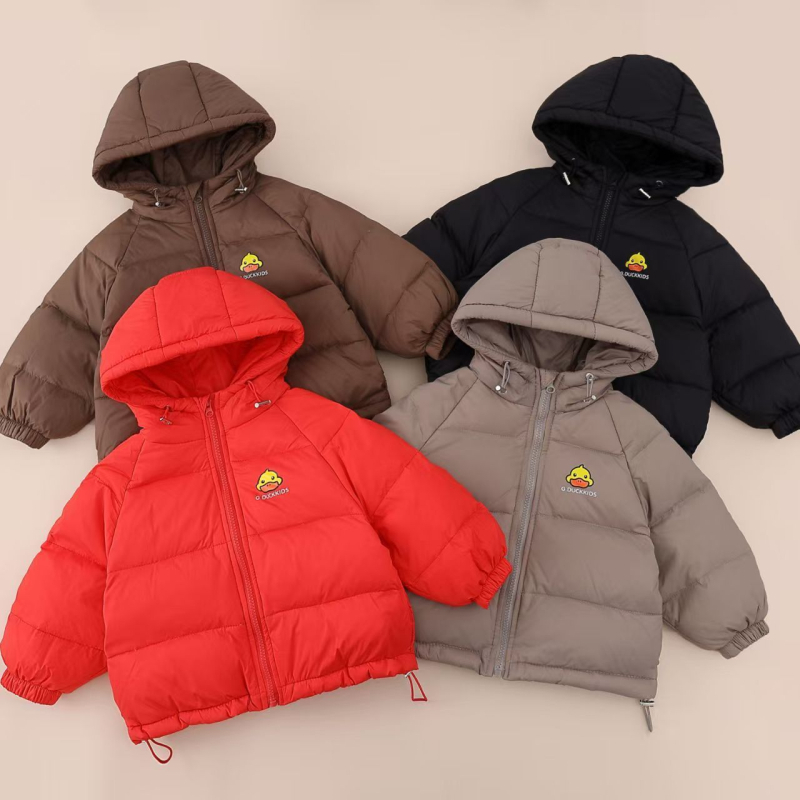 Bērnu kapucēta jaka korejiskā stilā, pildīta ar baltiem pīļu down 95%+, oderē no kokvilnas