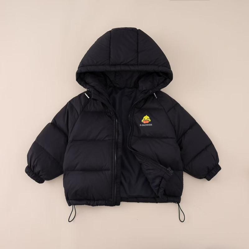 Bērnu kapucēta jaka korejiskā stilā, pildīta ar baltiem pīļu down 95%+, oderē no kokvilnas