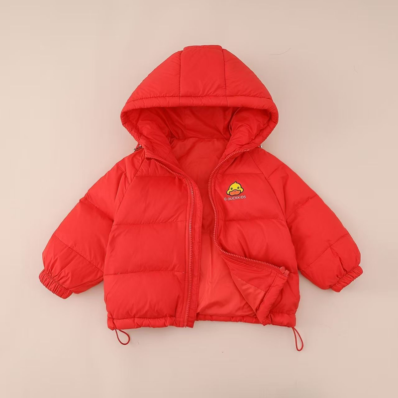 Bērnu kapucēta jaka korejiskā stilā, pildīta ar baltiem pīļu down 95%+, oderē no kokvilnas