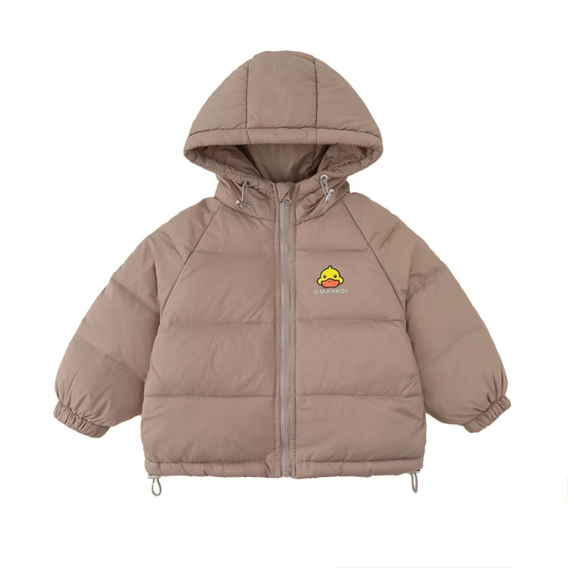 Bērnu kapucēta jaka korejiskā stilā, pildīta ar baltiem pīļu down 95%+, oderē no kokvilnas