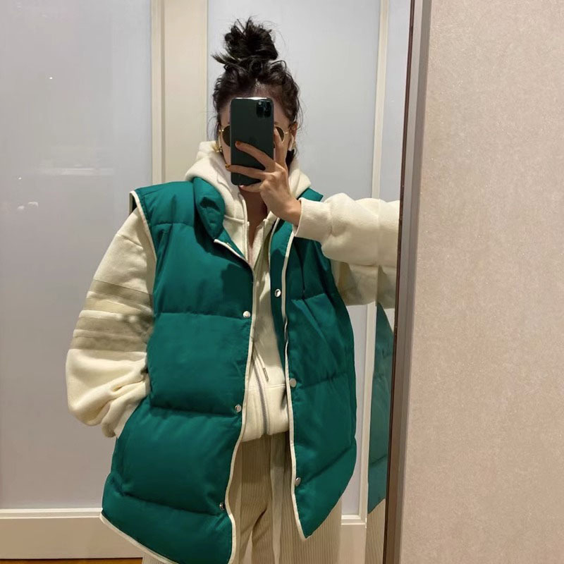 Жилет за жените със стойка яка, памучна тъкан с еластан, еднобутонно предно закопчаване, съдържание на основната тъкан под 30%