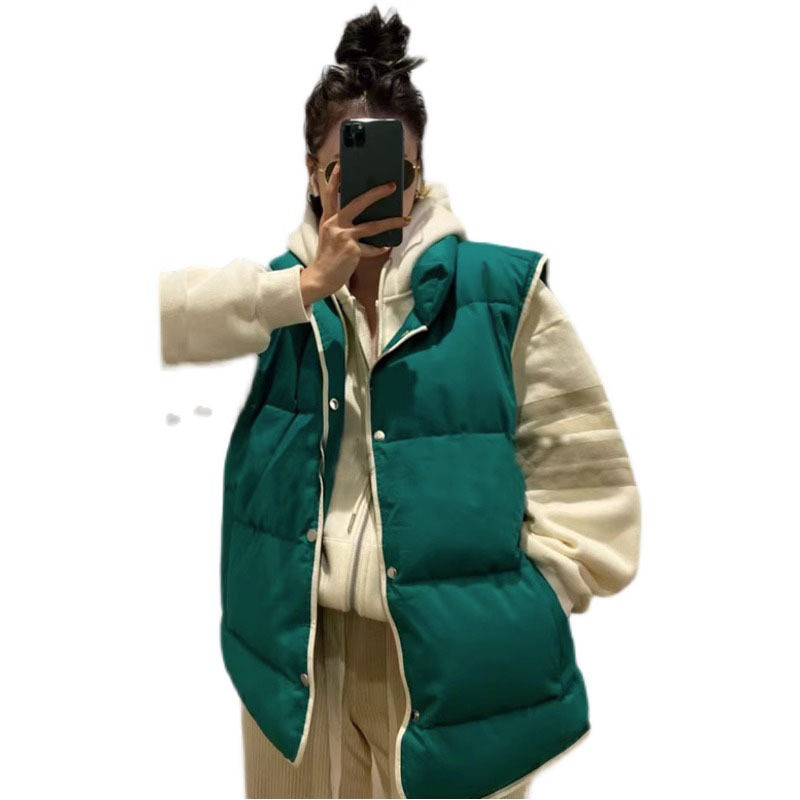 Жилет за жените със стойка яка, памучна тъкан с еластан, еднобутонно предно закопчаване, съдържание на основната тъкан под 30%