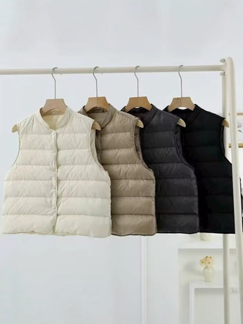 Lagani ženski down vest sa stojećim ovratnikom, kratka, jesen-zima 2025, bez rukava, bijelo patkino perje