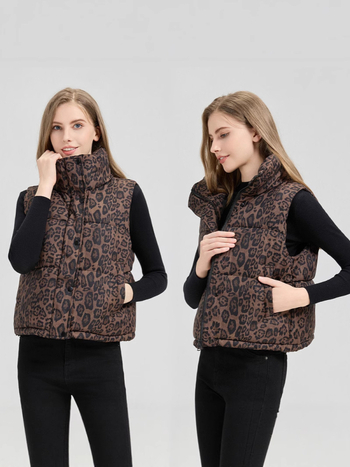 Sieviešu veste no poliesteru ar leoparda rakstu un stāvu kaklu, bieza pildījuma no down cotton