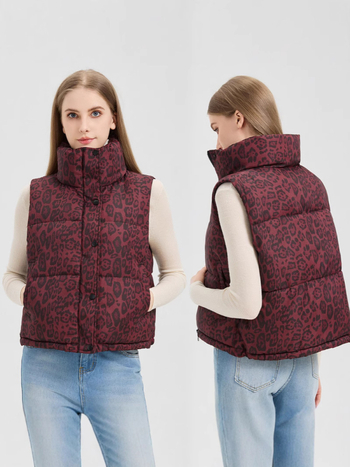 Sieviešu veste no poliesteru ar leoparda rakstu un stāvu kaklu, bieza pildījuma no down cotton