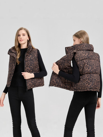 Sieviešu veste no poliesteru ar leoparda rakstu un stāvu kaklu, bieza pildījuma no down cotton