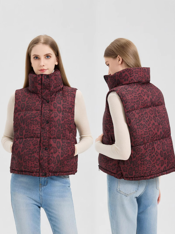 Sieviešu veste no poliesteru ar leoparda rakstu un stāvu kaklu, bieza pildījuma no down cotton