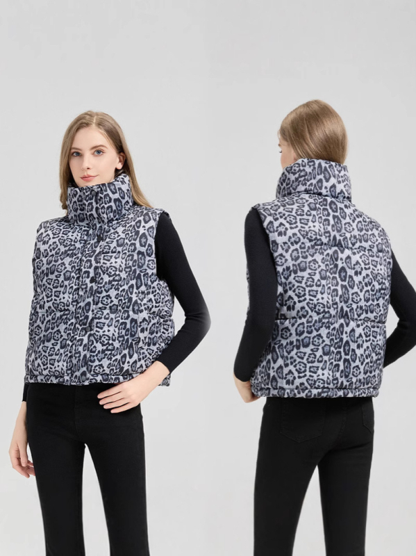 Sieviešu veste no poliesteru ar leoparda rakstu un stāvu kaklu, bieza pildījuma no down cotton