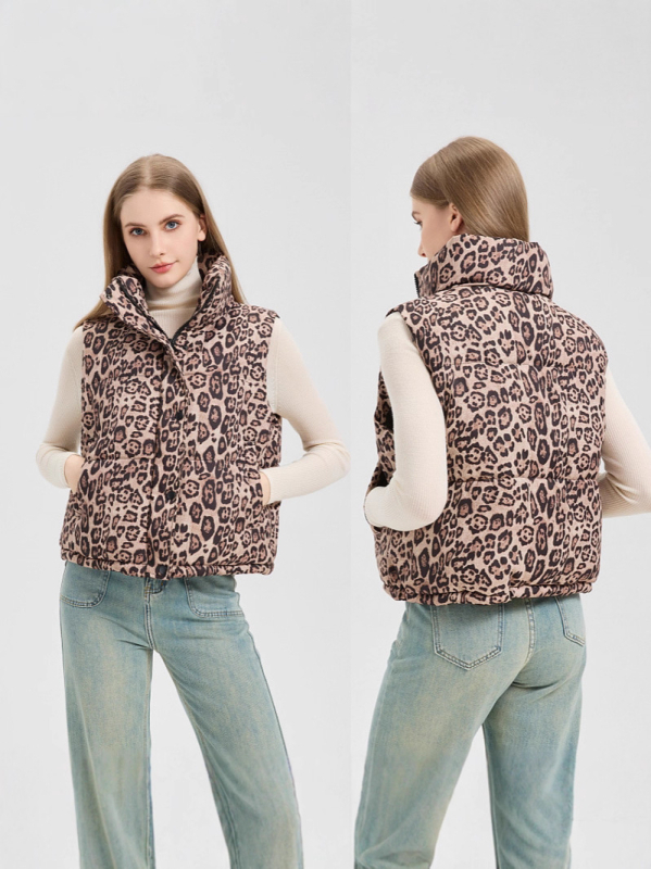 Sieviešu veste no poliesteru ar leoparda rakstu un stāvu kaklu, bieza pildījuma no down cotton
