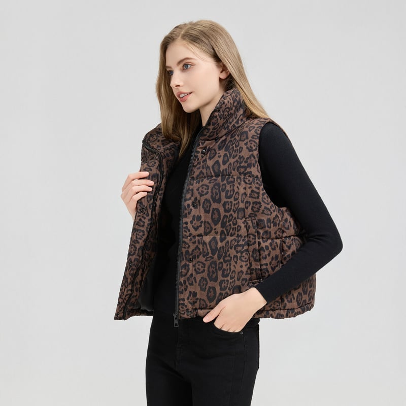 Sieviešu veste no poliesteru ar leoparda rakstu un stāvu kaklu, bieza pildījuma no down cotton