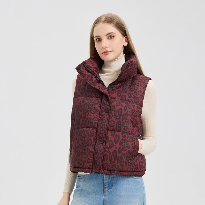 Sieviešu veste no poliesteru ar leoparda rakstu un stāvu kaklu, bieza pildījuma no down cotton