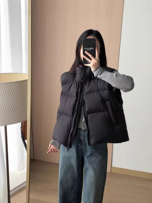 Ženska down vesta, slobodan kroj, stojeći ovratnik i zatvarač, perje bijele patke 86-90%, vanjski materijal od poliestera, zima 2025, casual korejsko-japanski stil