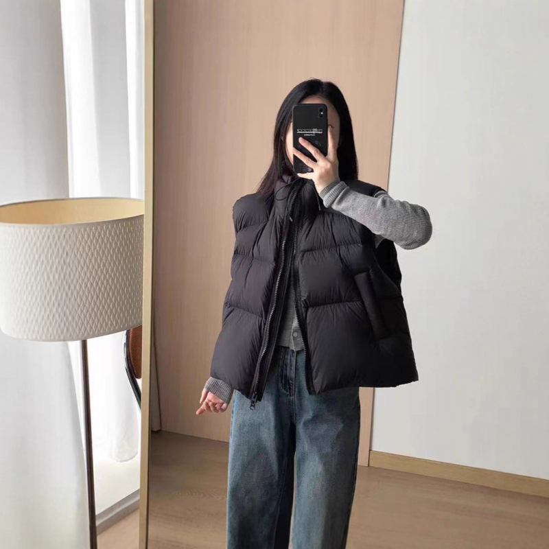 Ženska down vesta, slobodan kroj, stojeći ovratnik i zatvarač, perje bijele patke 86-90%, vanjski materijal od poliestera, zima 2025, casual korejsko-japanski stil