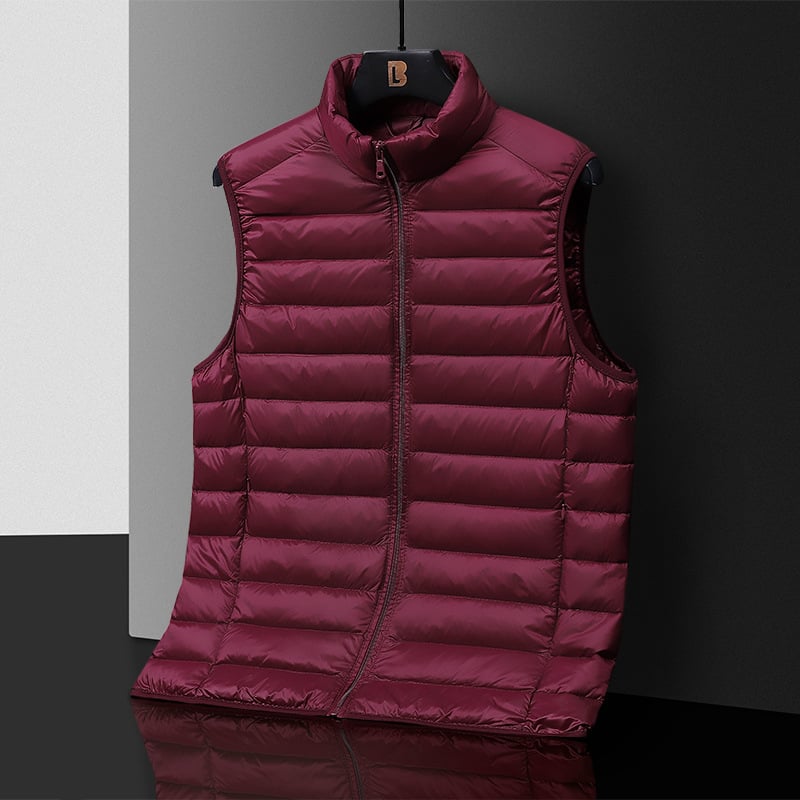 Vīriešu viegls pūka prslēgs – bez piedurknēm, augsta apkakle, rāvējslēdzējs, pildījums: pīļu pūka, ārējais materiāls: poliesters, iekšējā odas: poliester, ziemai