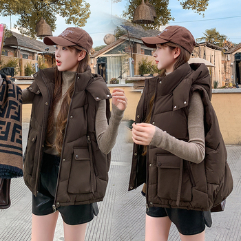 Ženska vest s punjenjem od down-pamuka, poliester tkanina, stojeći ovratnik, zatvarač, udoban širok kroj, casual stil