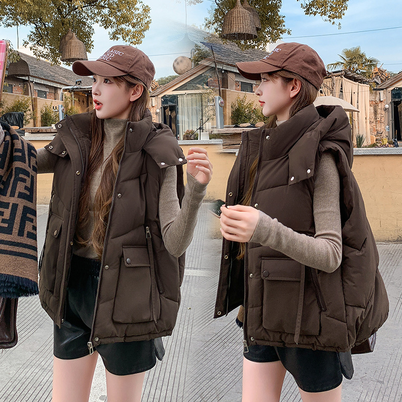 Ženska vest s punjenjem od down-pamuka, poliester tkanina, stojeći ovratnik, zatvarač, udoban širok kroj, casual stil