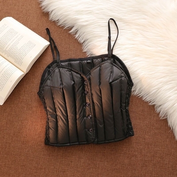 Slim-fit corduroy veste ar pelēkas pīļu pūkas pildījumu, PU audums, V kakla rāvējslēdzējs, seksīgs stils