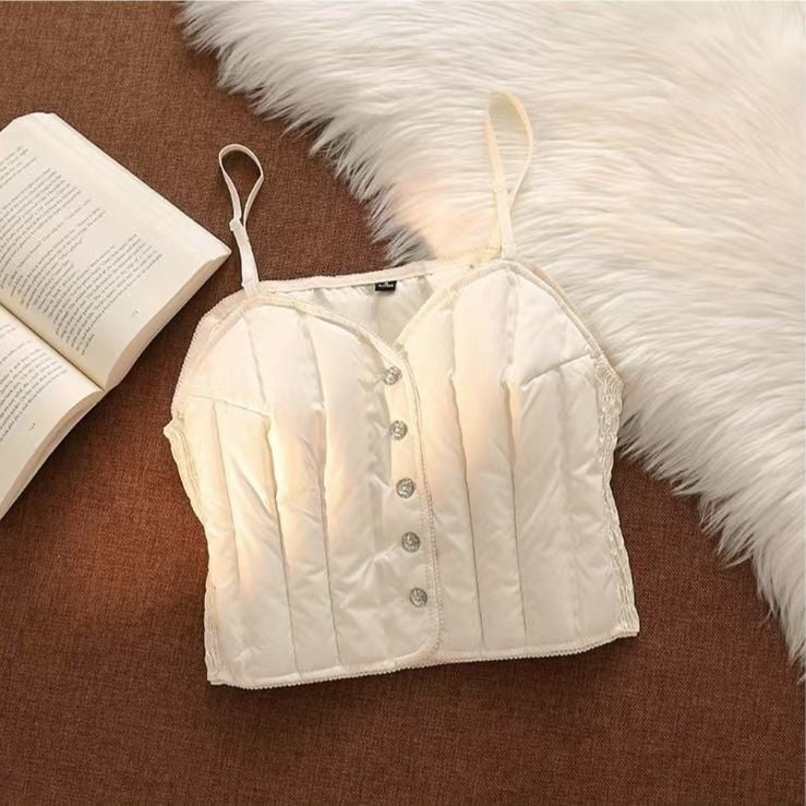 Slim-fit corduroy veste ar pelēkas pīļu pūkas pildījumu, PU audums, V kakla rāvējslēdzējs, seksīgs stils