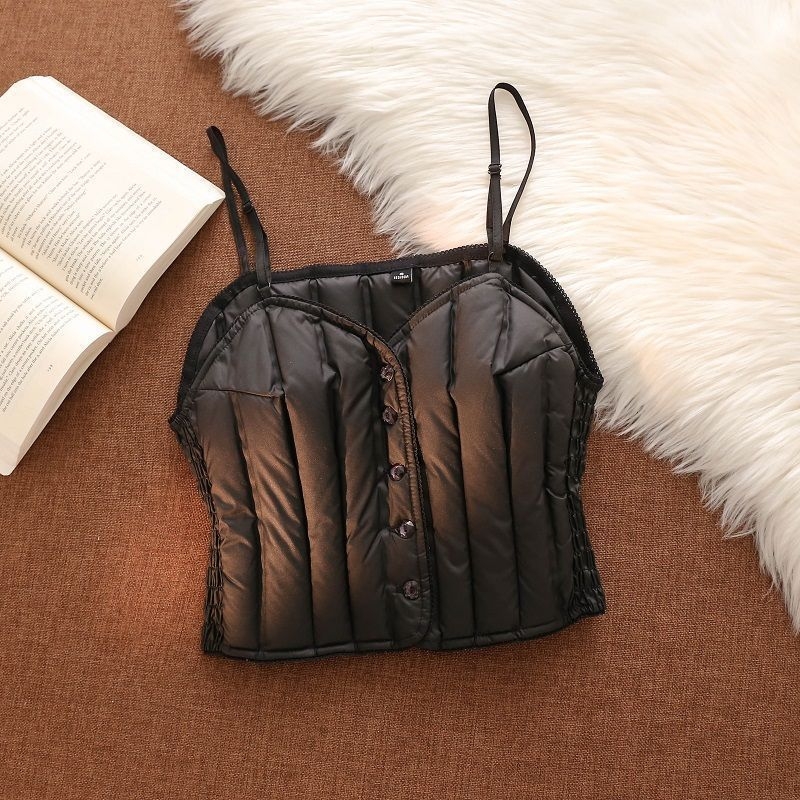 Slim-fit corduroy veste ar pelēkas pīļu pūkas pildījumu, PU audums, V kakla rāvējslēdzējs, seksīgs stils