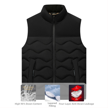 Vīriešu pūču vesta ar augstu apkakli, bieza izolācija, ārējais audums: poliesters, pildījums: balta pīļu pūka, piemērots rudenim un ziemai.