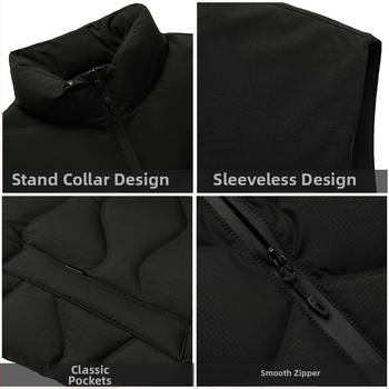 Vīriešu pūču vesta ar augstu apkakli, bieza izolācija, ārējais audums: poliesters, pildījums: balta pīļu pūka, piemērots rudenim un ziemai.