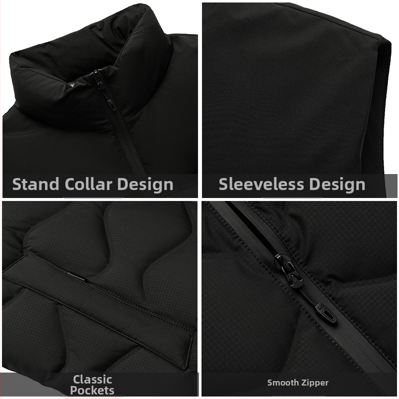 Vīriešu pūču vesta ar augstu apkakli, bieza izolācija, ārējais audums: poliesters, pildījums: balta pīļu pūka, piemērots rudenim un ziemai.