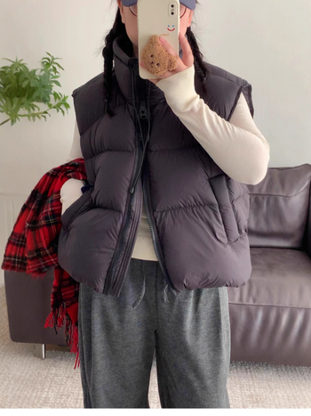 Ženska vesta s vanjskim najlonskim slojem, debela izolacija, punilo od patke perja 86-90%, prednji zip, stojeći ovratnik, casual japansko-korejski stil
