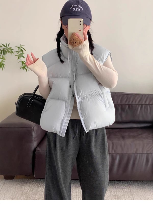 Ženska vesta s vanjskim najlonskim slojem, debela izolacija, punilo od patke perja 86-90%, prednji zip, stojeći ovratnik, casual japansko-korejski stil