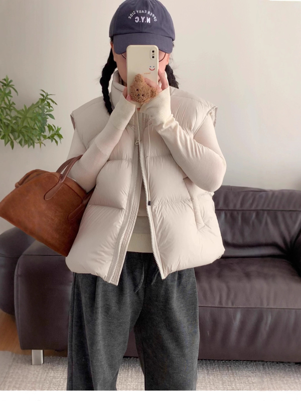 Ženska vesta s vanjskim najlonskim slojem, debela izolacija, punilo od patke perja 86-90%, prednji zip, stojeći ovratnik, casual japansko-korejski stil