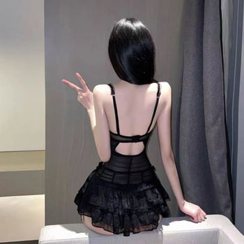 Set de noapte cu lenjerie dantelată, design perforat, poliester, fără mâneci, pentru somn și utilizare acasă