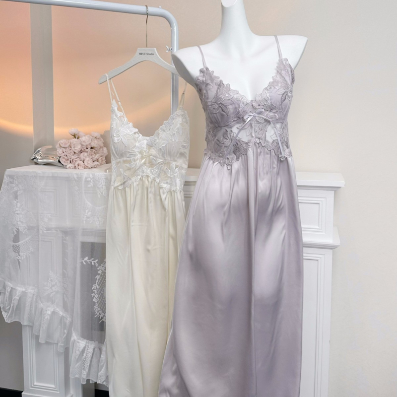 Yase — Seksi noćna odjeća od čipke Ice Silk s rubom od velura, s jastučićima za grudi, naramenice, kućna odjeća od otoka velura