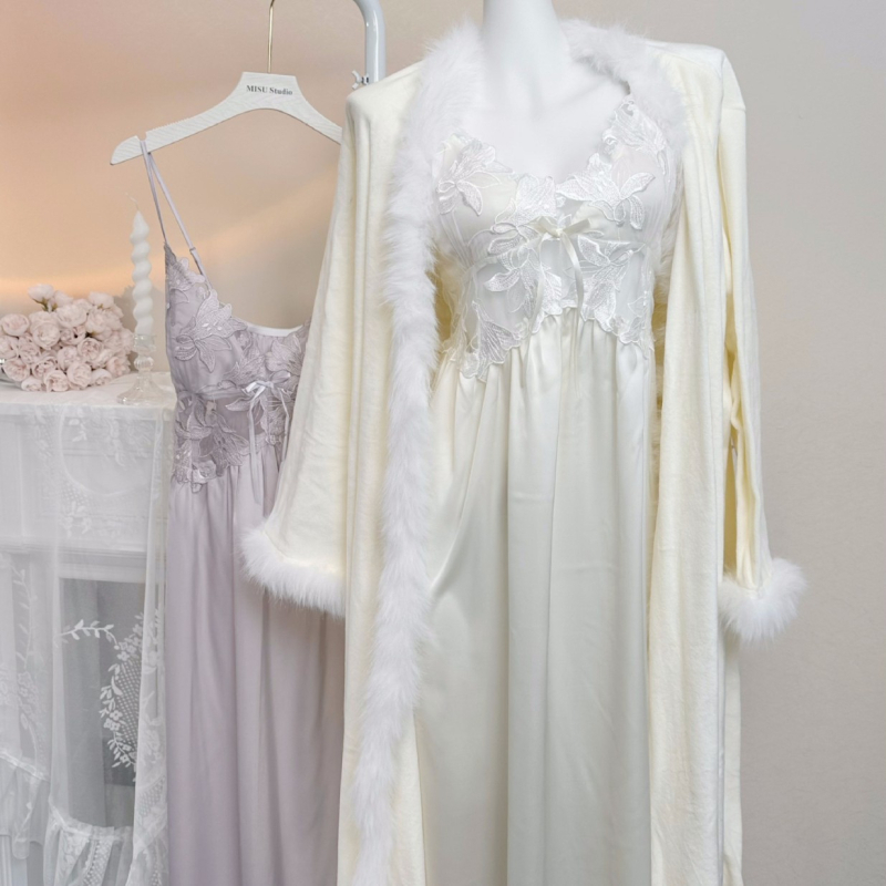 Yase — Seksi noćna odjeća od čipke Ice Silk s rubom od velura, s jastučićima za grudi, naramenice, kućna odjeća od otoka velura