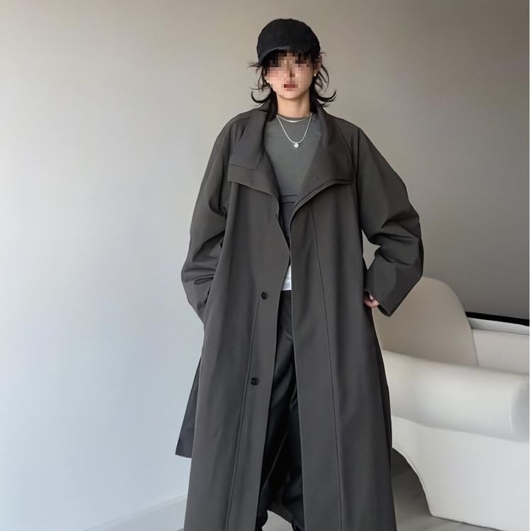 Ženski windbreaker srednje duljine s stojećim ovratnikom i reverom, za proleće i jesen, korejski stil, opušten kroj, kaiš za struk, britanski stil