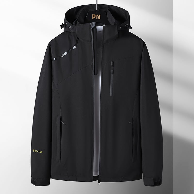 Vyrų softshell striukė, vėją laidanti ir atspari vandeniui, su gobtuvu, užtrauktuku, poliesterio išorė ir poliesterio pamušalas