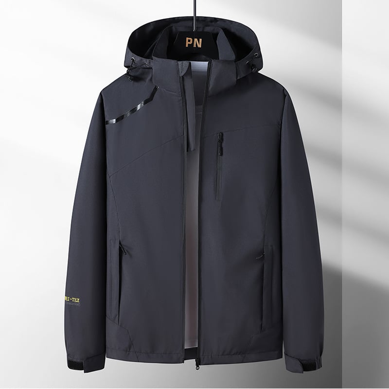 Vyrų softshell striukė, vėją laidanti ir atspari vandeniui, su gobtuvu, užtrauktuku, poliesterio išorė ir poliesterio pamušalas