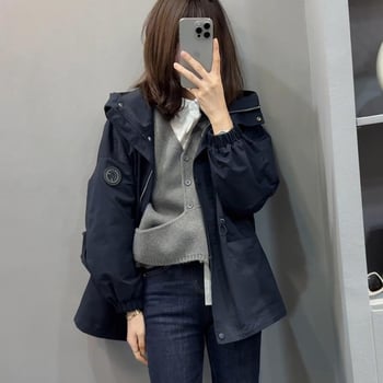 Geacă de damă mid-length, windbreaker, cu glugă, din țesătură chenille cu căptușeală de bumbac, fermoar, mâneci lungi, Toamnă 2024