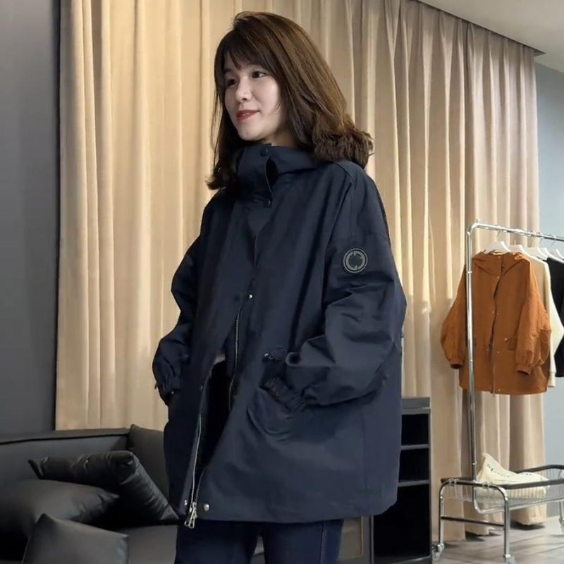 Geacă de damă mid-length, windbreaker, cu glugă, din țesătură chenille cu căptușeală de bumbac, fermoar, mâneci lungi, Toamnă 2024