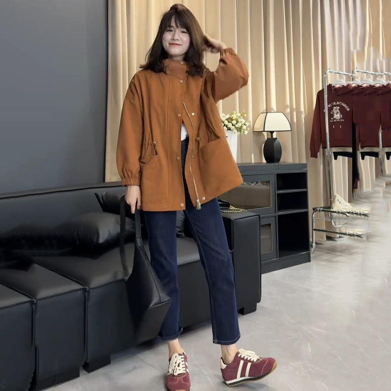 Geacă de damă mid-length, windbreaker, cu glugă, din țesătură chenille cu căptușeală de bumbac, fermoar, mâneci lungi, Toamnă 2024