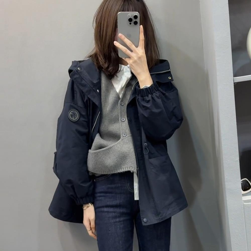 Geacă de damă mid-length, windbreaker, cu glugă, din țesătură chenille cu căptușeală de bumbac, fermoar, mâneci lungi, Toamnă 2024