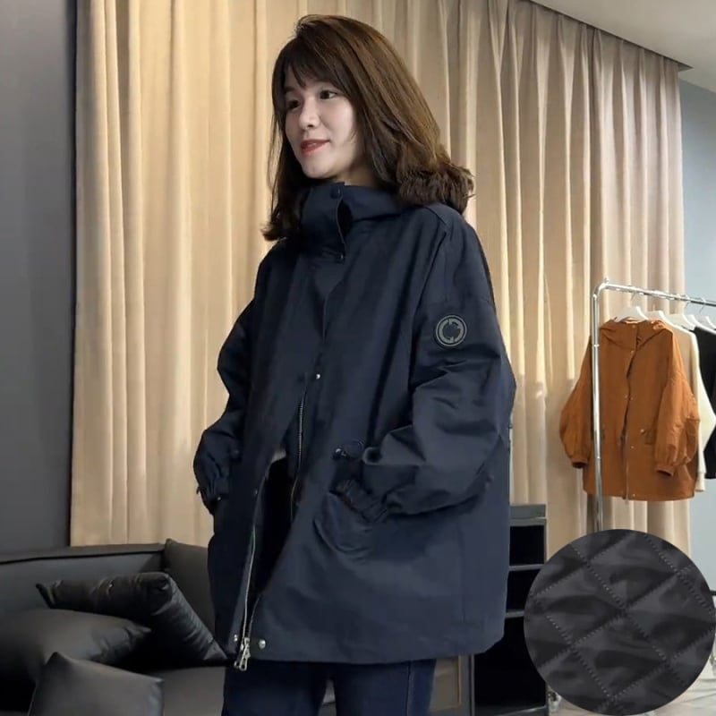 Geacă de damă mid-length, windbreaker, cu glugă, din țesătură chenille cu căptușeală de bumbac, fermoar, mâneci lungi, Toamnă 2024