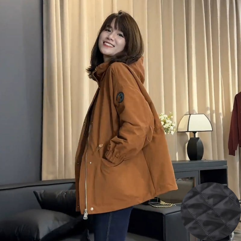 Geacă de damă mid-length, windbreaker, cu glugă, din țesătură chenille cu căptușeală de bumbac, fermoar, mâneci lungi, Toamnă 2024