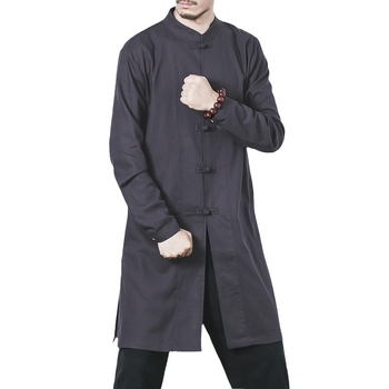 Kinų stiliaus mid ilgio paltas, stovinčią apykaklę, lininės kanapių mišinio audinys, vienos eilės užsegimas, laisvas kirpimas, vienspalvis, rudens 2024 leidimas