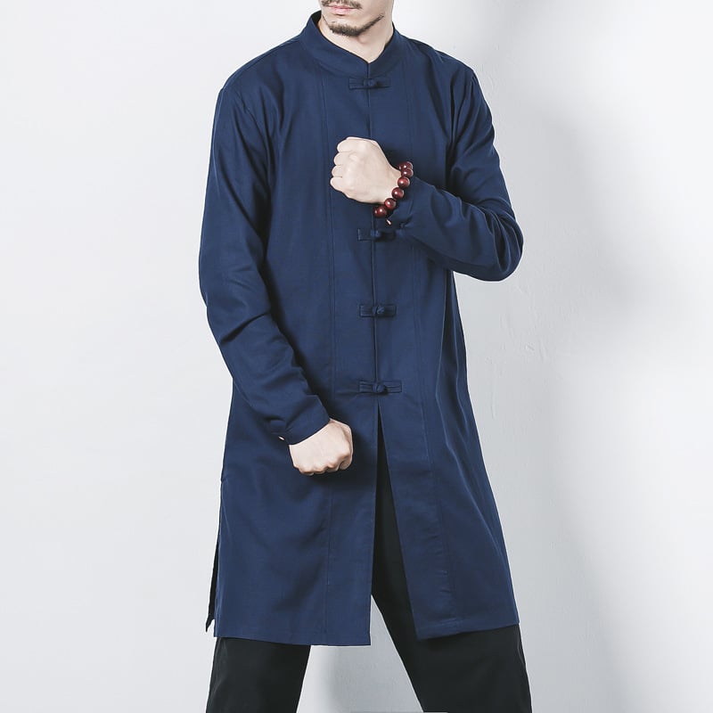 Kinų stiliaus mid ilgio paltas, stovinčią apykaklę, lininės kanapių mišinio audinys, vienos eilės užsegimas, laisvas kirpimas, vienspalvis, rudens 2024 leidimas