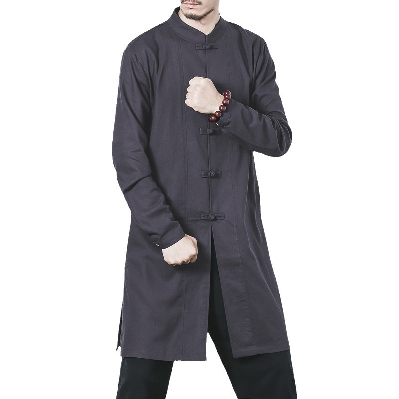 Kinų stiliaus mid ilgio paltas, stovinčią apykaklę, lininės kanapių mišinio audinys, vienos eilės užsegimas, laisvas kirpimas, vienspalvis, rudens 2024 leidimas