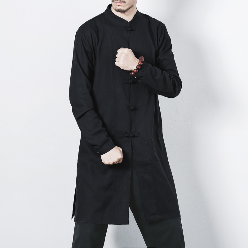 Kinų stiliaus mid ilgio paltas, stovinčią apykaklę, lininės kanapių mišinio audinys, vienos eilės užsegimas, laisvas kirpimas, vienspalvis, rudens 2024 leidimas