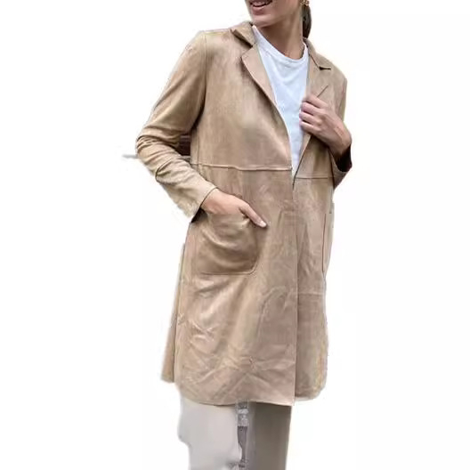 Ženski semiš kaput s ovratnikom od sakoa, srednja duljina, dugi rukavi, gradski stil