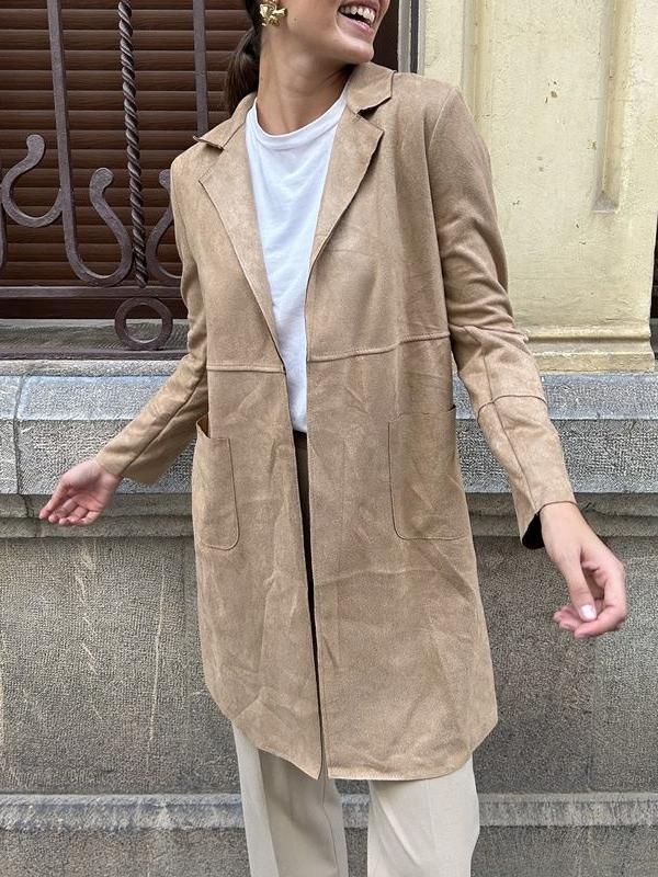 Ženski semiš kaput s ovratnikom od sakoa, srednja duljina, dugi rukavi, gradski stil