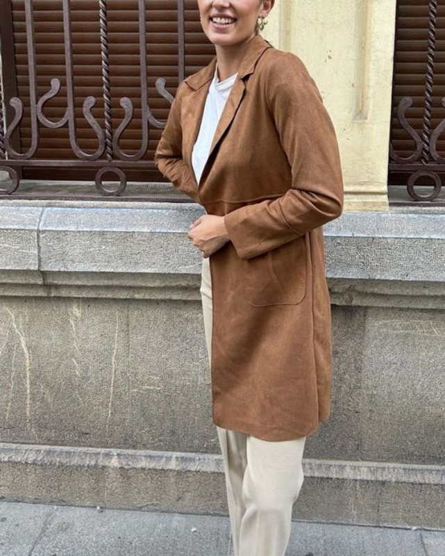 Ženski semiš kaput s ovratnikom od sakoa, srednja duljina, dugi rukavi, gradski stil
