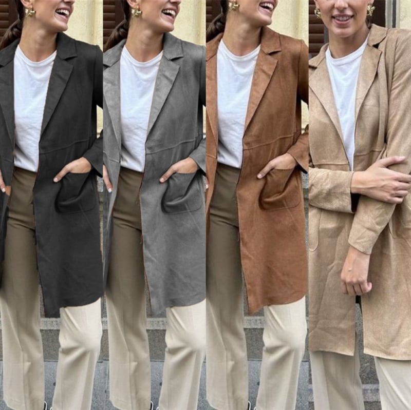 Ženski semiš kaput s ovratnikom od sakoa, srednja duljina, dugi rukavi, gradski stil